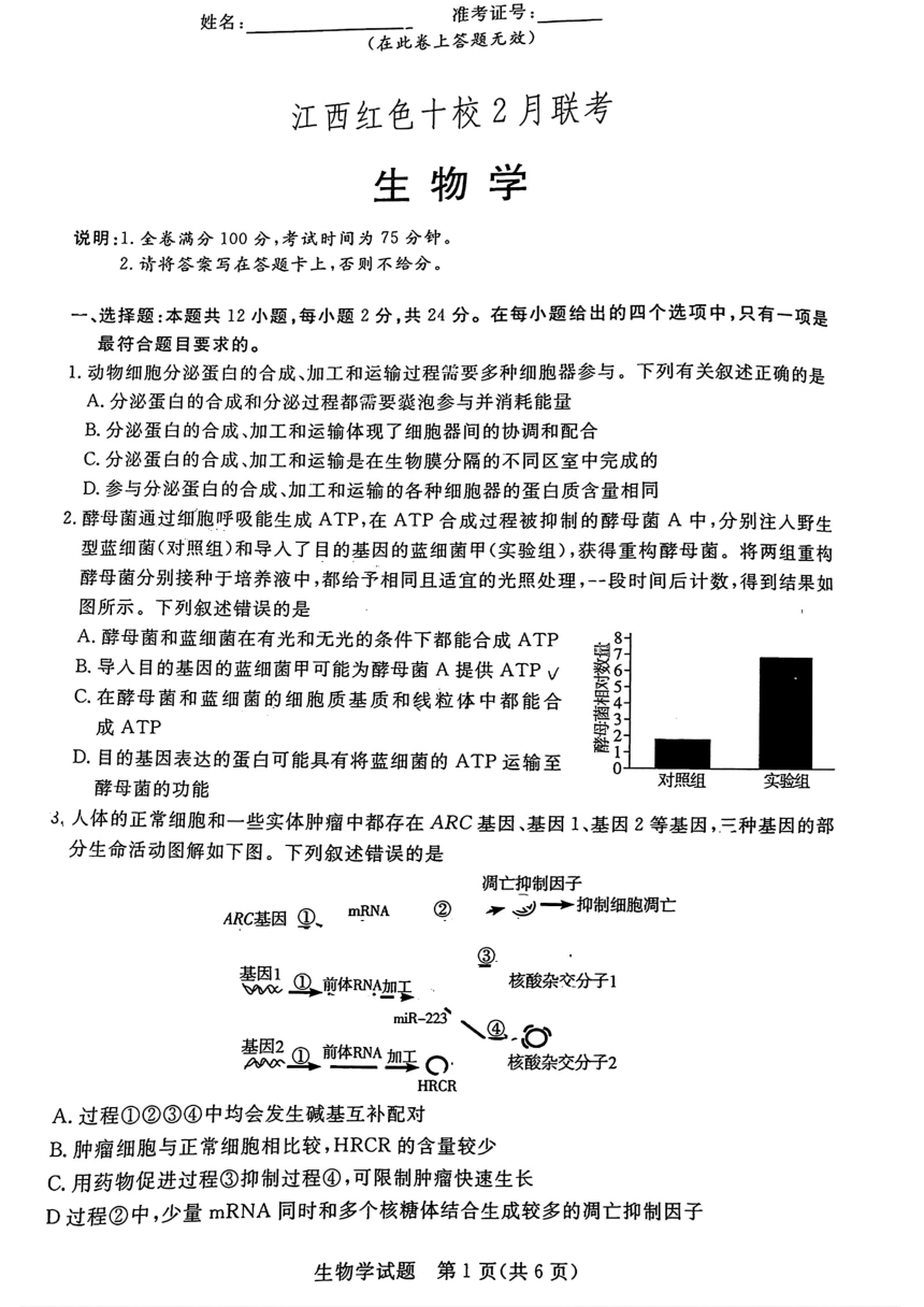江西省红色十校2023-2024学年高三下学期2月联考生物试题（pdf无答案）