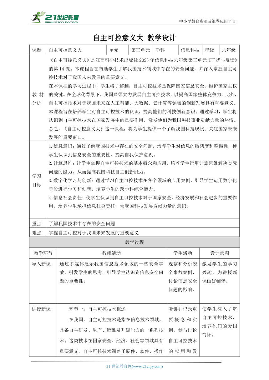 第14课 自主可控意义大 教案2 六下信息科技赣科学技术版