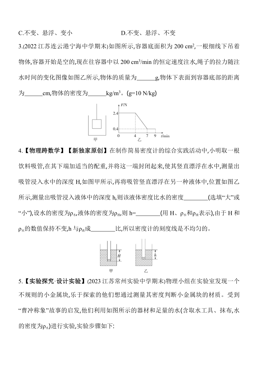 苏科版八年级下册物理10.5.2　浮力的综合应用素养提升练习（含解析）