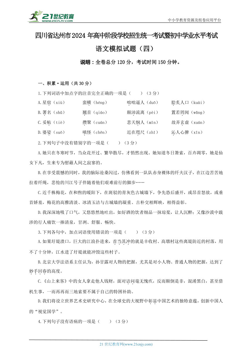 四川省达州市2024年高中阶段学校招生统一考试暨初中学业水平考试语文模拟测试卷  (四）（含答案）