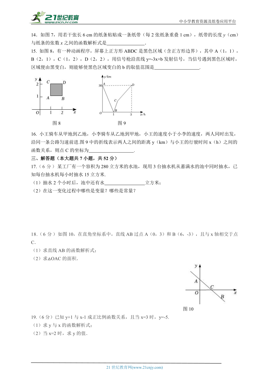 人教版数学八年级下册第十九章  一次函数自我评估（含答案）