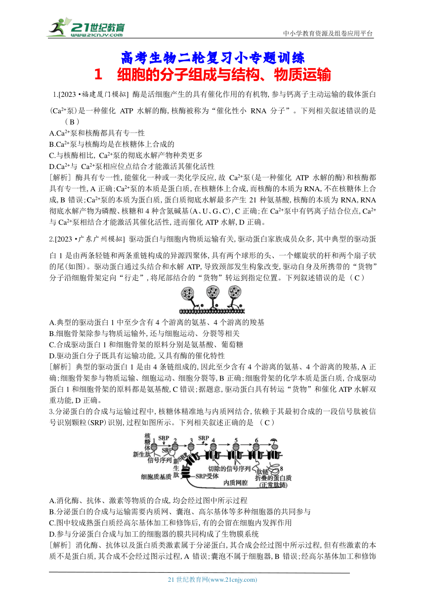 高考生物二轮复习小专题训练：1　细胞的分子组成与结构、物质运输（解析版）