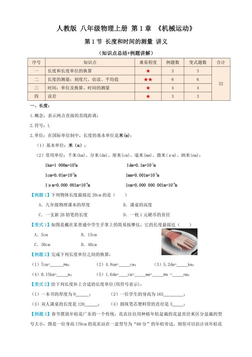 人教版八年级物理上册 1.1 长度和时间的测量（讲义）学生版+解析