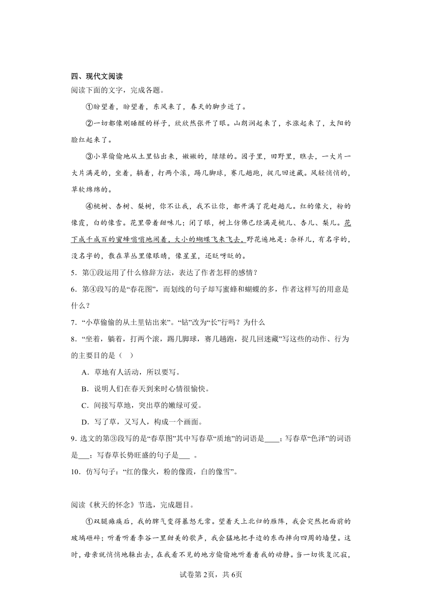 2024年中考语文七年级上册一轮复习试题（三）（含答案）