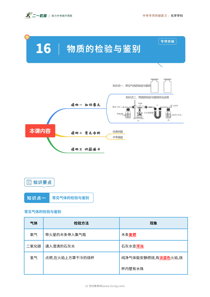 冲刺2024年中考化学 专项突破 专题16 物质的检验与鉴别