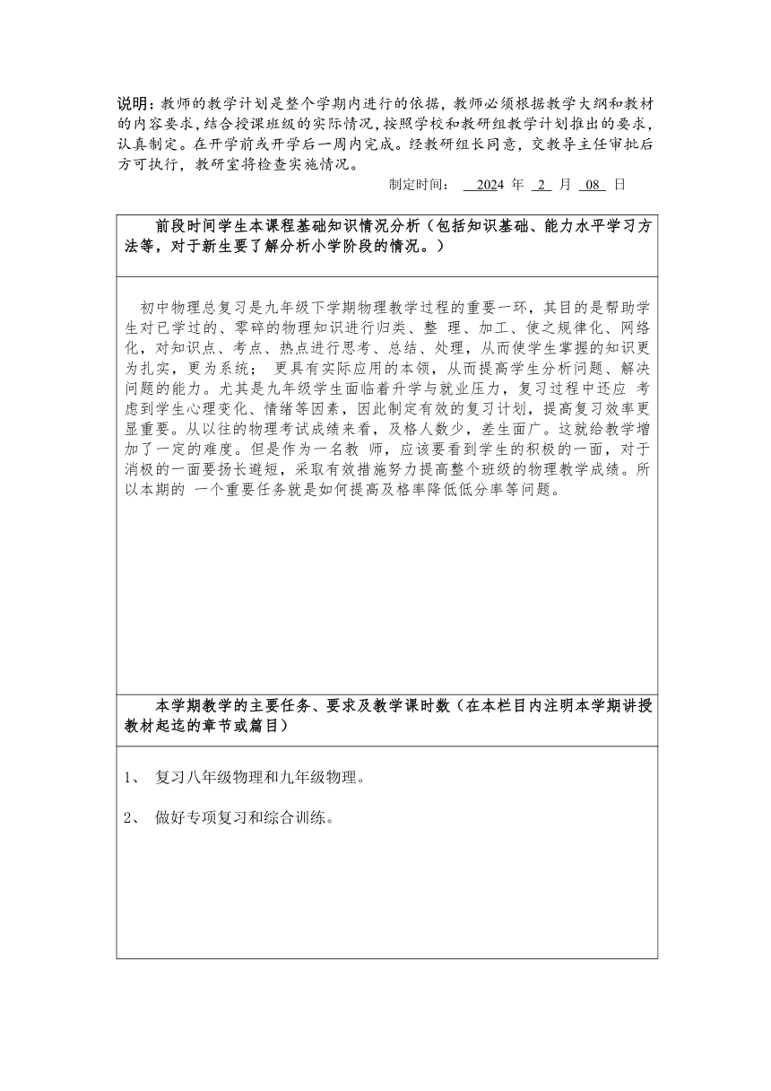 山东省临沂市兰陵县2023-2024学年九年级下学期物理教学计划（素材）