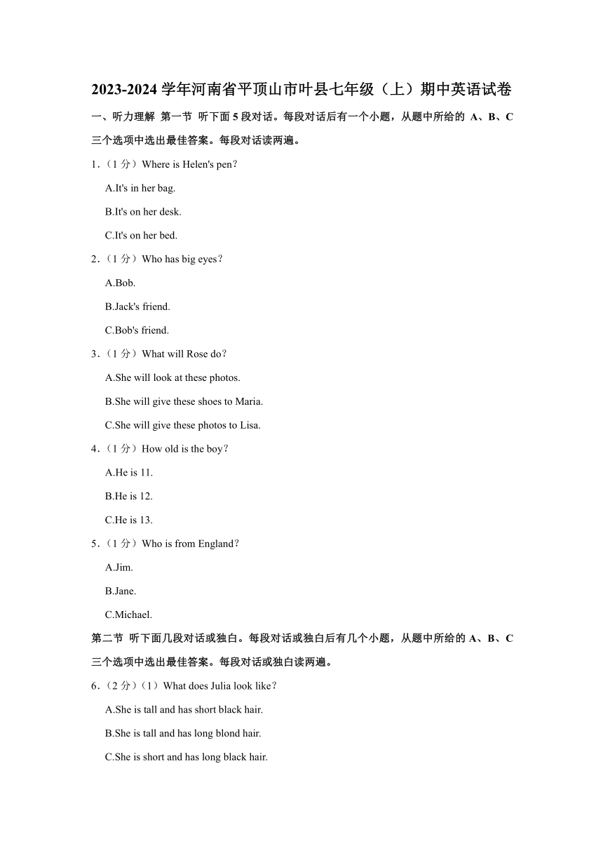 2023-2024学年河南省平顶山市叶县七年级上学期期中英语试卷（含答案无听力原文及音频）