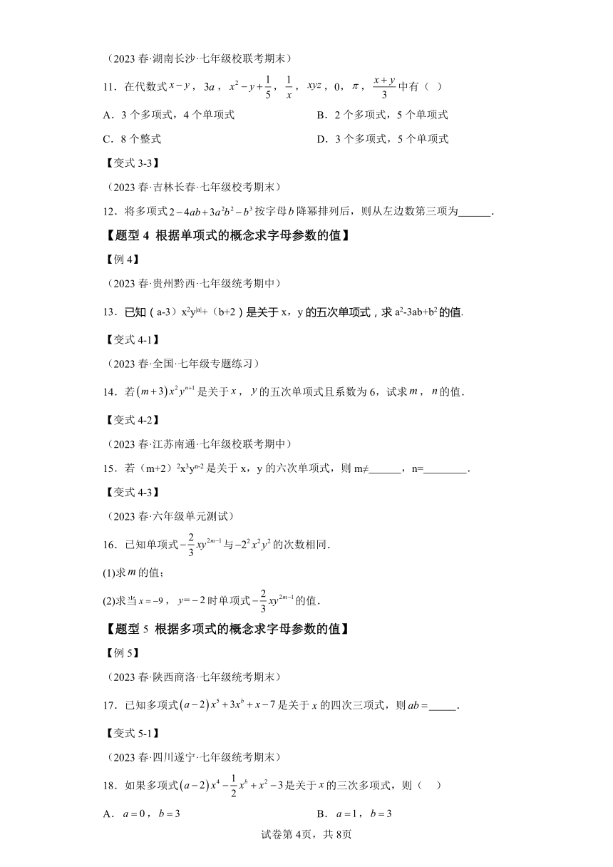 专题4.1整式【十大题型】（含解析） 七年级数学上册举一反三系列（浙教版）