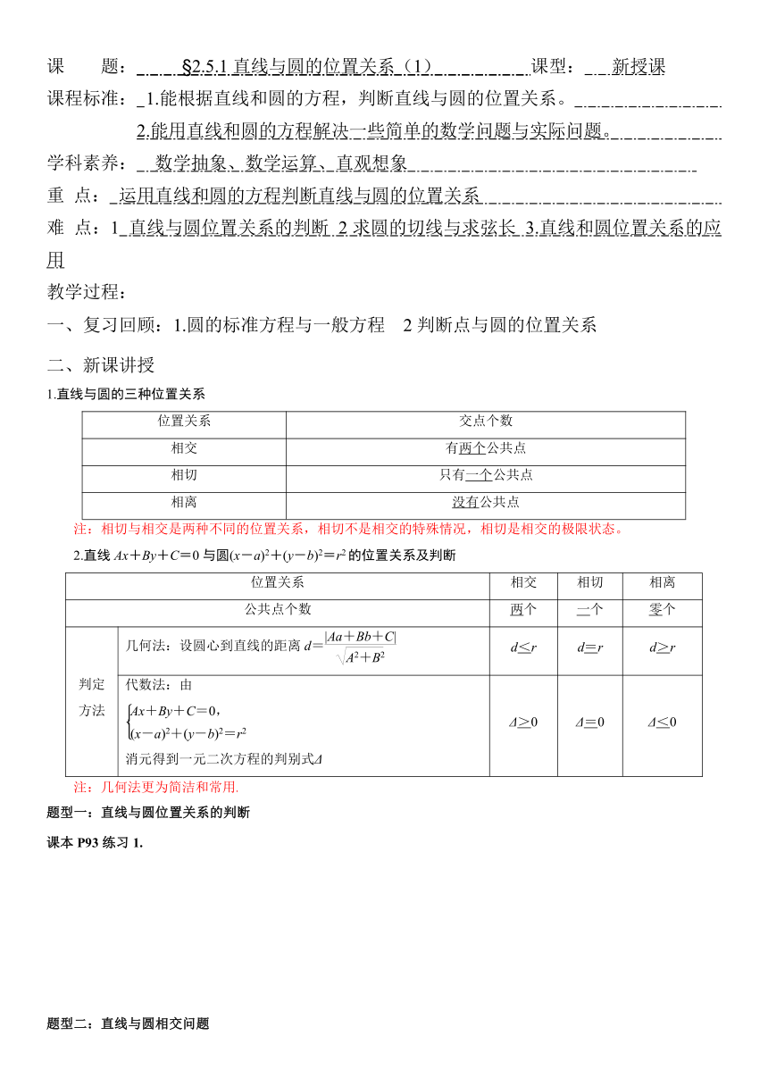 2.5.1直线与圆的位置关系 学案（无答案）