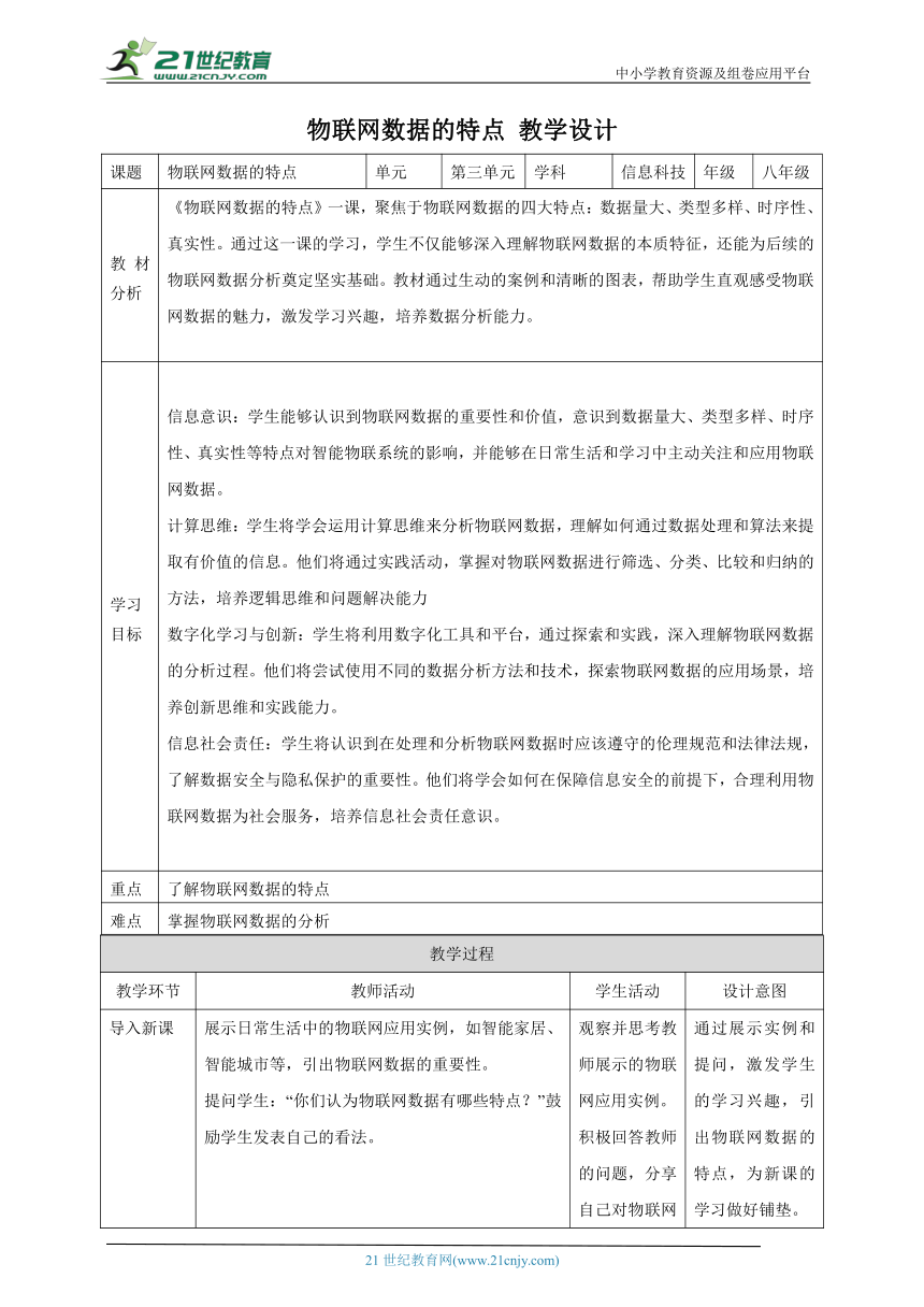 第11课 物联网数据的特点 教案4 八下信息科技浙教版（2023）