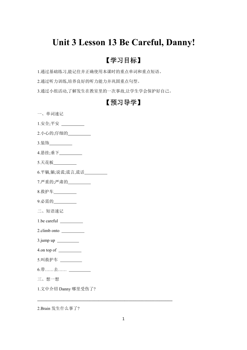 Unit 3 Lesson 13 Be Careful, Danny!  学案（含答案） 冀教版九年级全一册