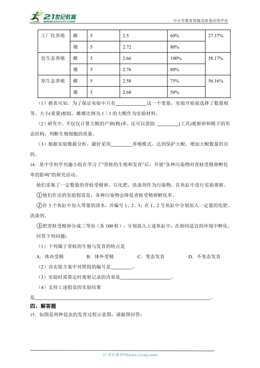 浙教版科学 七下1.3动物的生长时期同步练习（优生加练）（含解析）