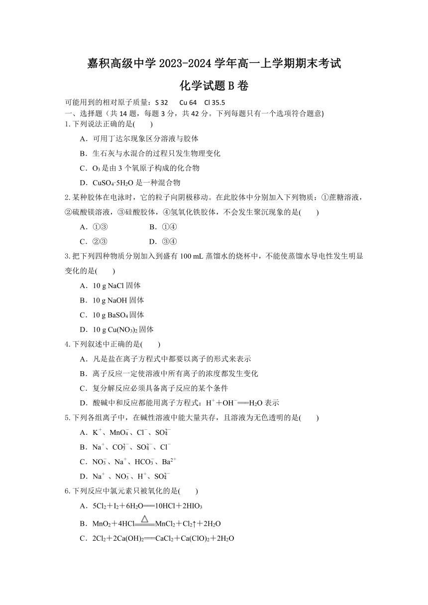 海南省嘉积高级中学2023-2024学年高一上学期期末考试化学试题B卷（含答案）