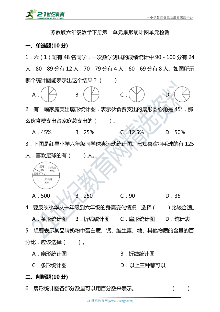 苏教版六年级数学下册第一单元扇形统计图单元检测（含答案）