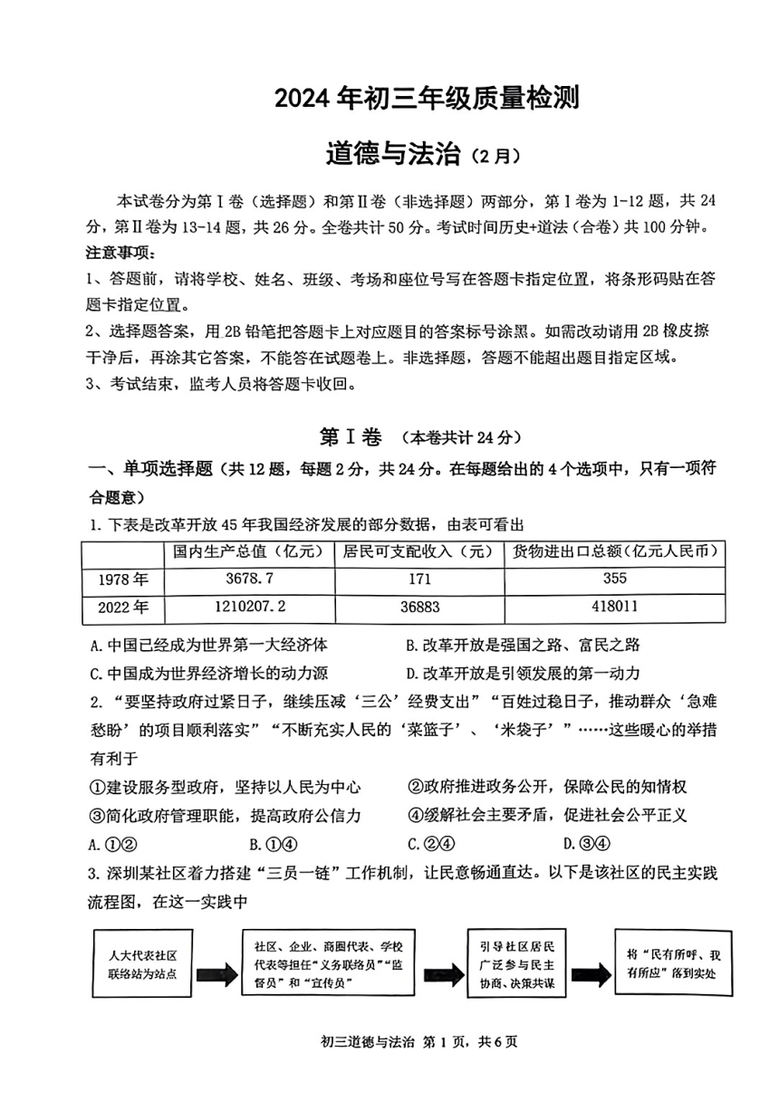 广东深圳市2024年2月33校联考初三道法质量检测（PDF版无答案）