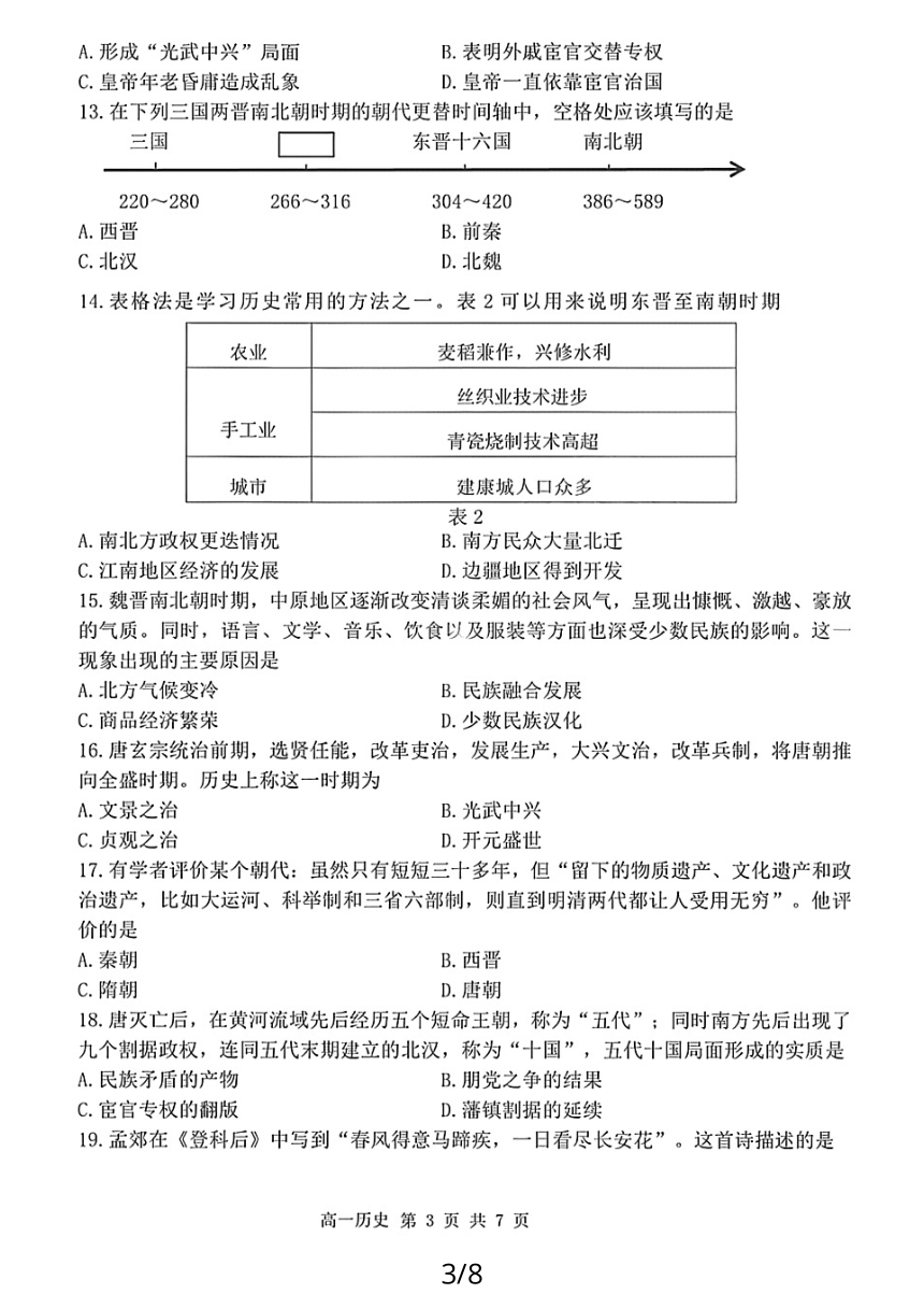 黑龙江省哈尔滨市第三中学校2022-2023学年高一上学期期末考试历史试卷（PDF版，含答案）