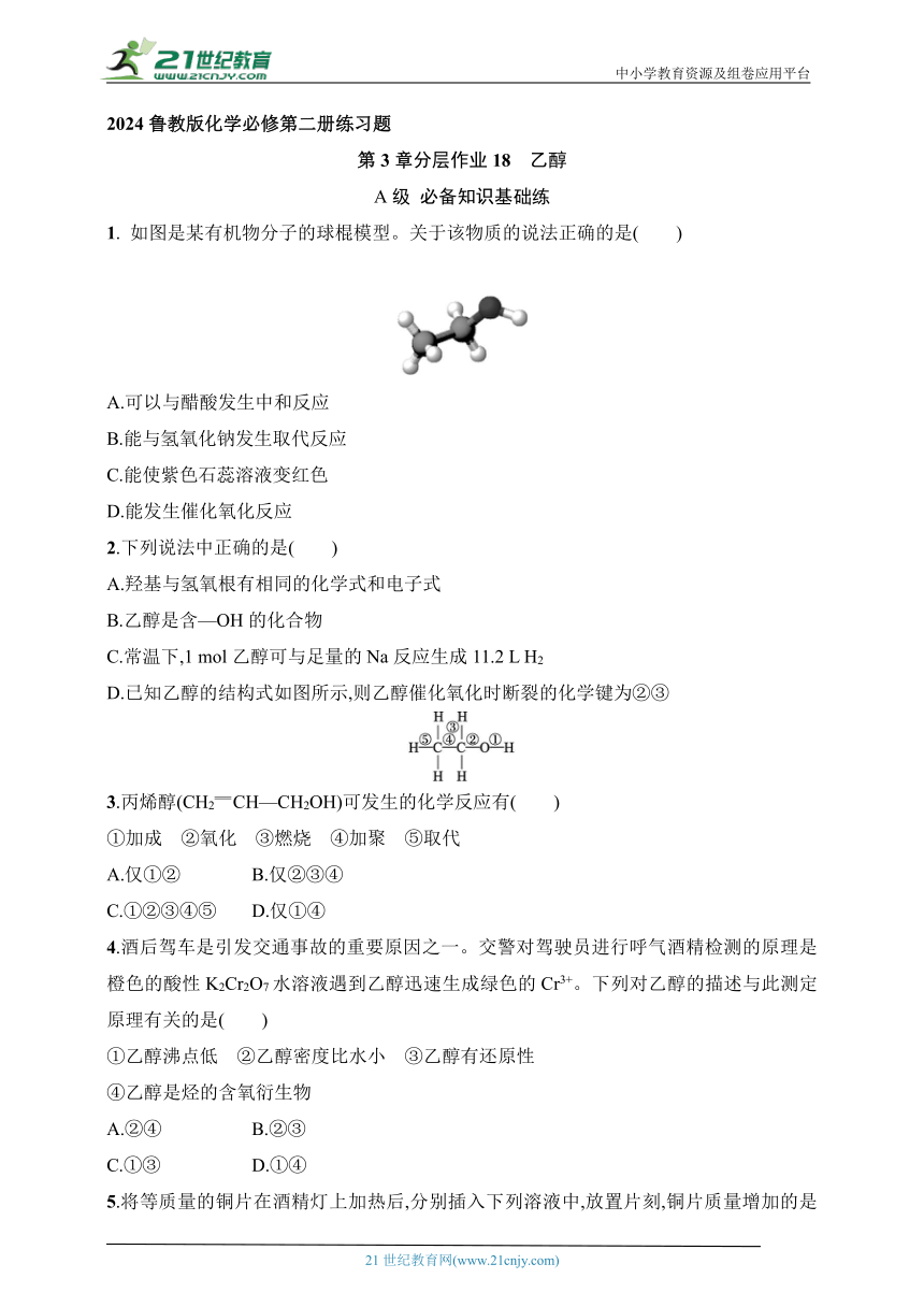 2024鲁教版化学必修第二册练习题--分层作业18　乙醇（含解析）