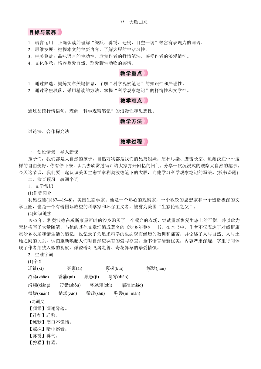 【核心素养】统编版语文八年级下册 7《大雁归来》教案