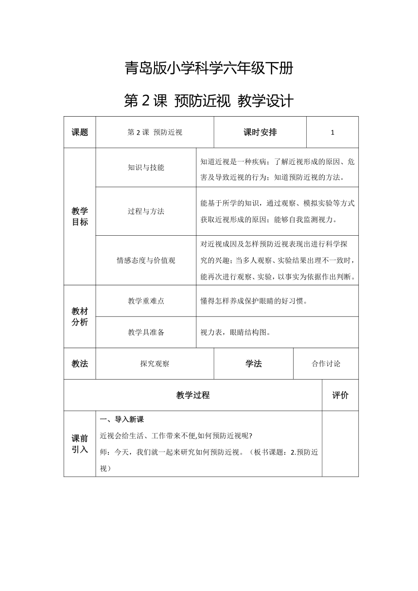 六年级科学下册（青岛版）第2课预防近视（教学设计）（表格式）