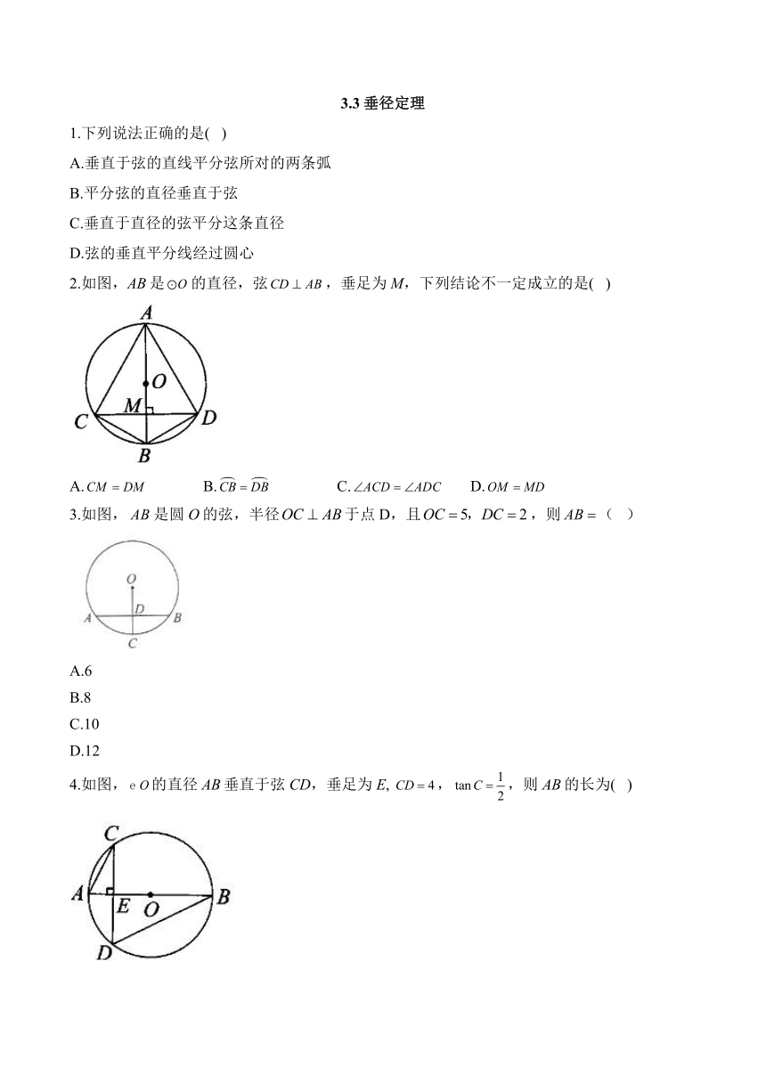 3.3垂径定理同步练习（含解析）2023--2024学年北师大版九年级数学下册