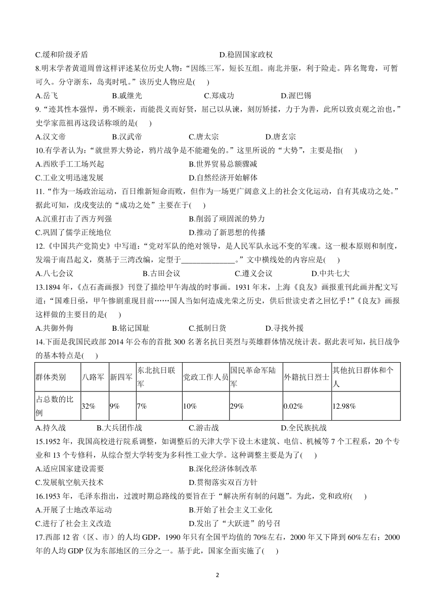 山东省聊城市阳谷县重点中学2023-2024学年九年级下学期开学历史试题(无答案)