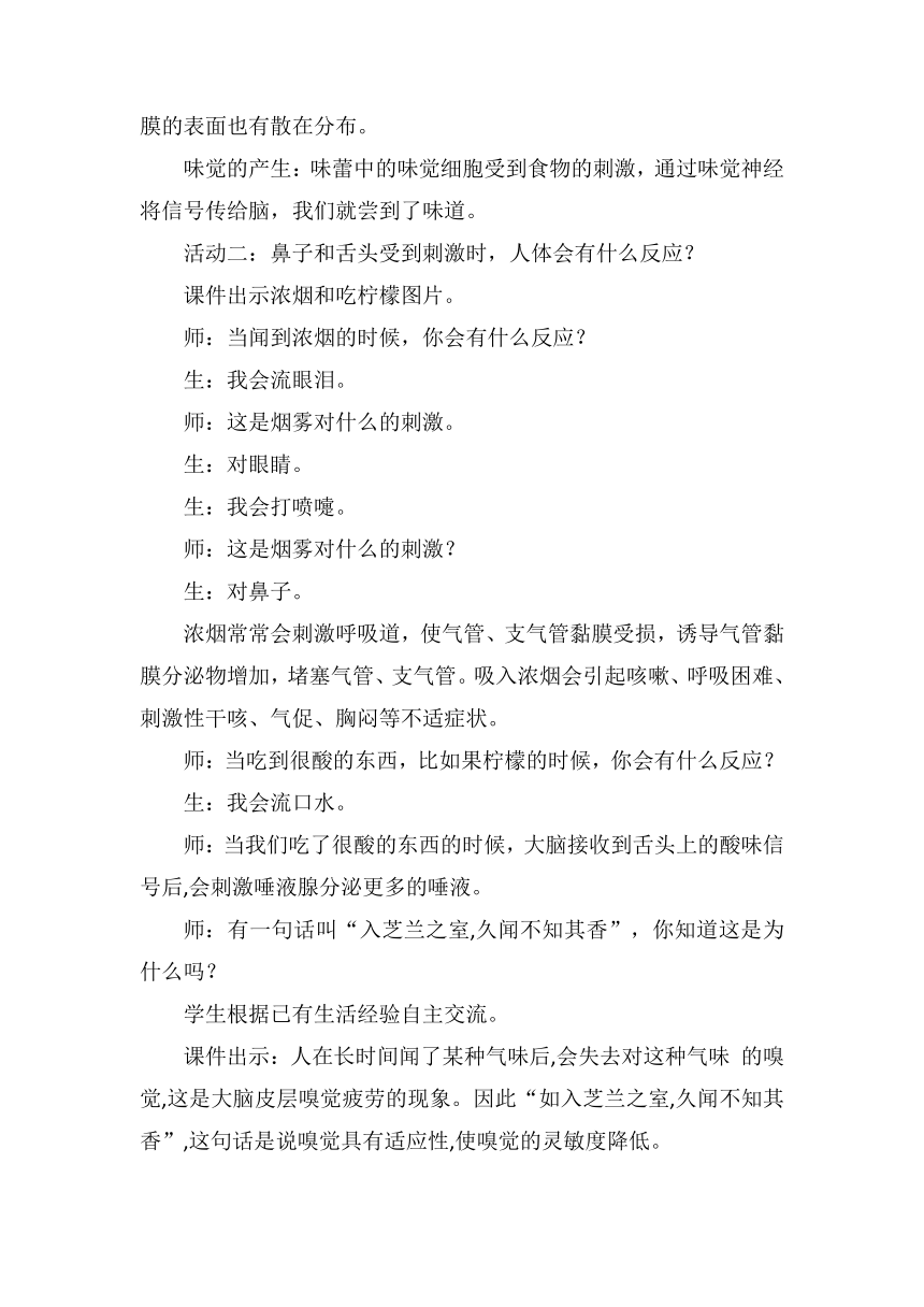 2023-2024学年六年级科学下册（青岛版）第4课 嗅觉和味觉（教案）