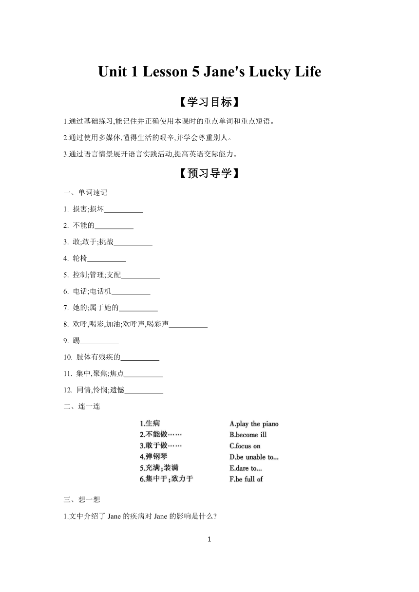 Unit 1 Lesson 5 Jane's Lucky Life 学案（含答案） 冀教版九年级全一册