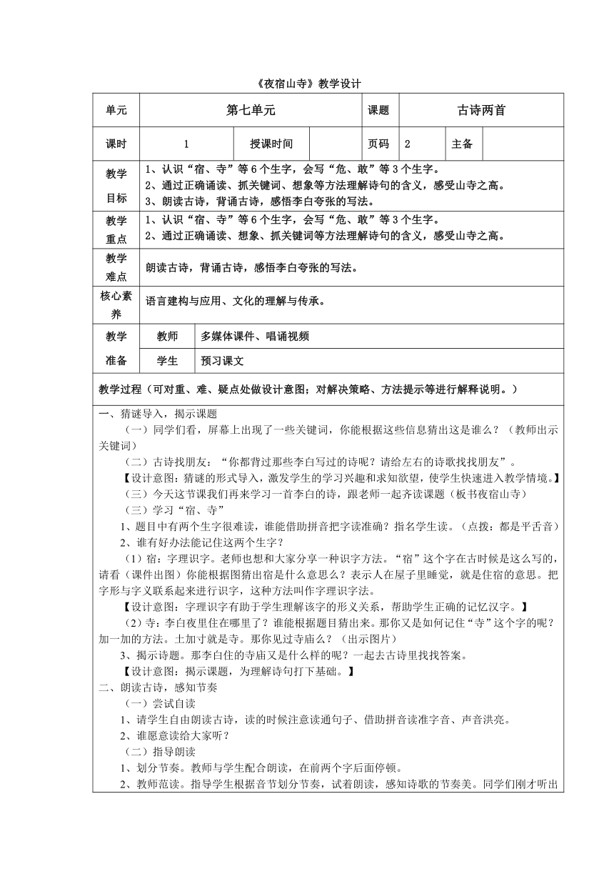 19、古诗二首 夜宿山寺 教学设计（表格式）