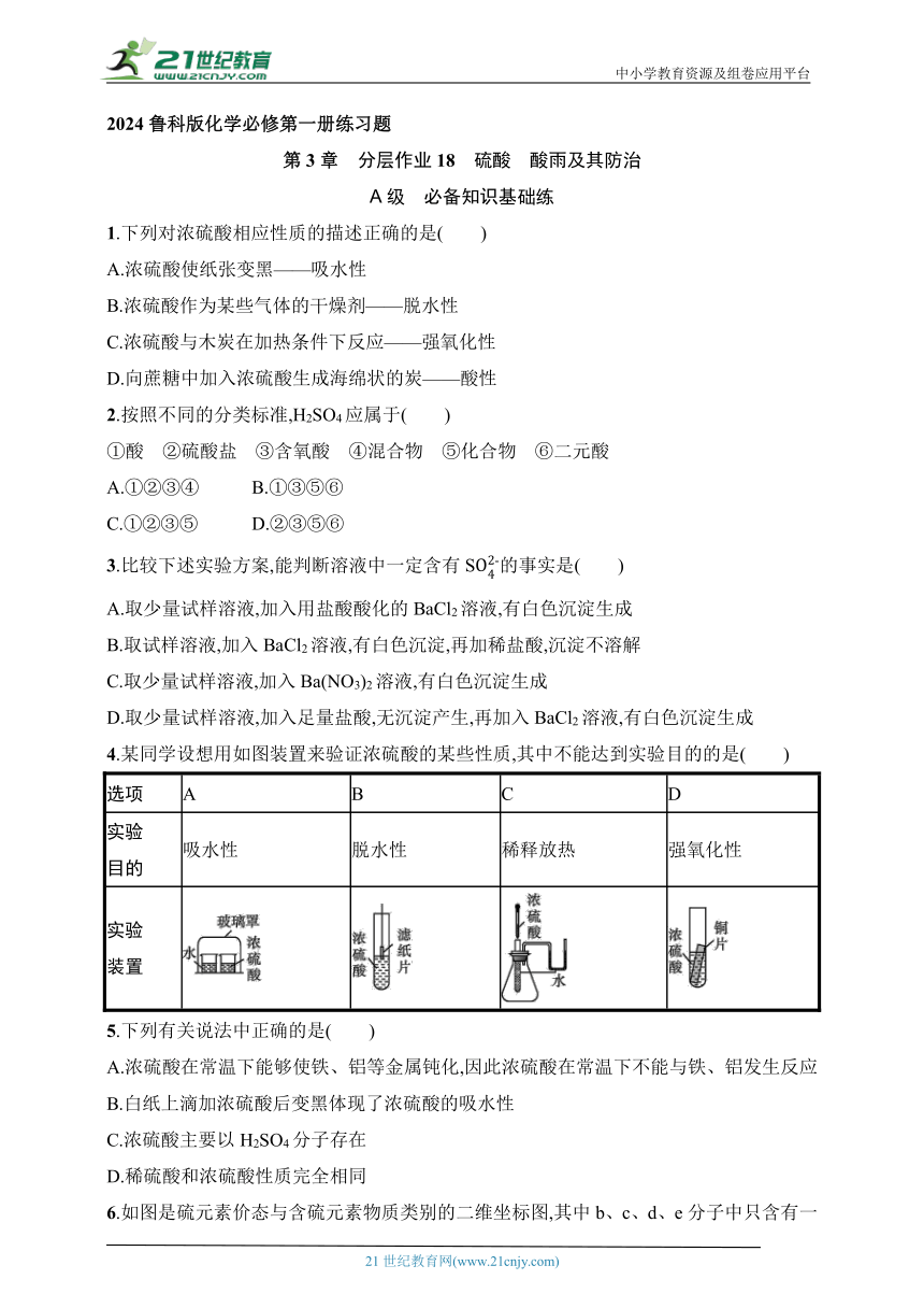 2024鲁科版化学必修第一册练习题--分层作业18　硫酸　酸雨及其防治（含解析）