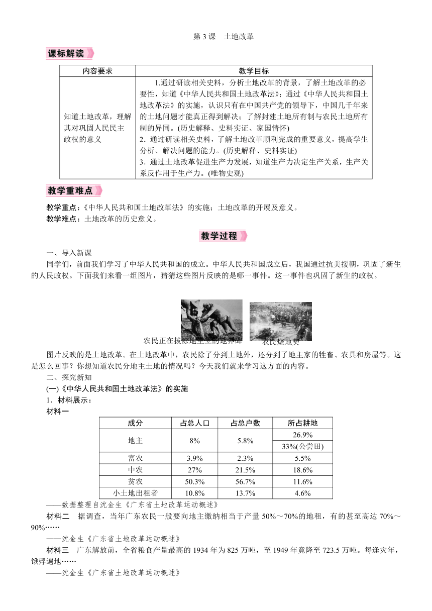 第3课 土地改革 教案（2022新课标）