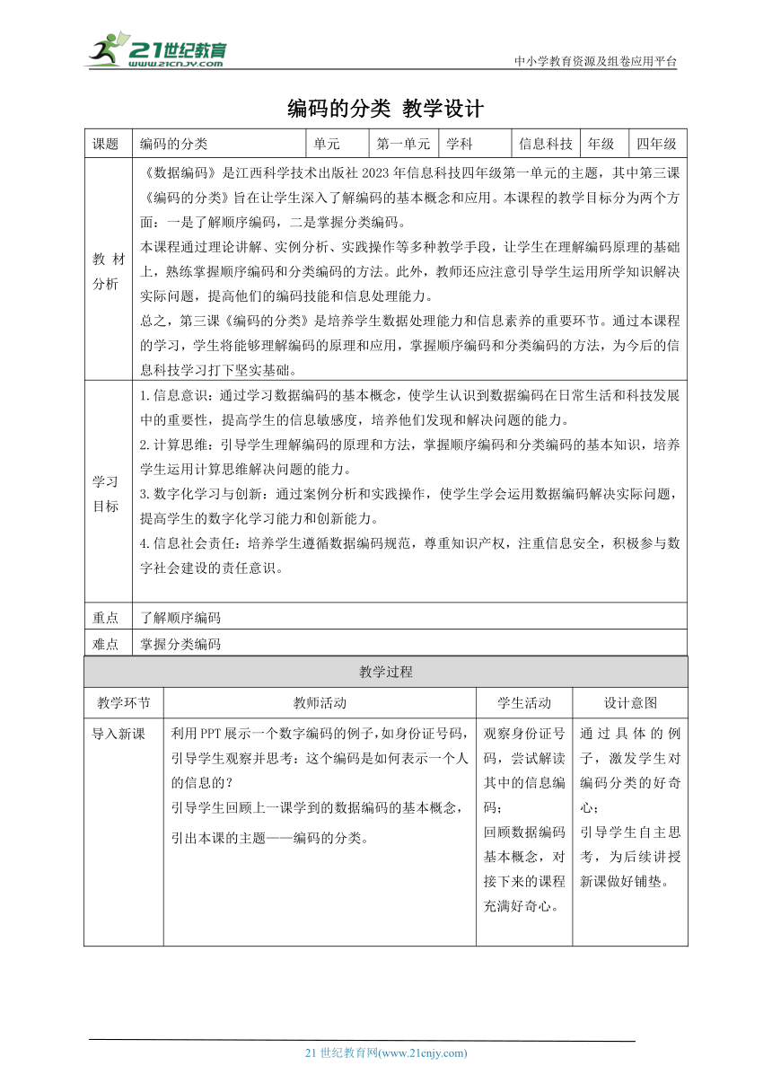 第3课 编码的分类 教案1 四下信息科技赣科学技术版