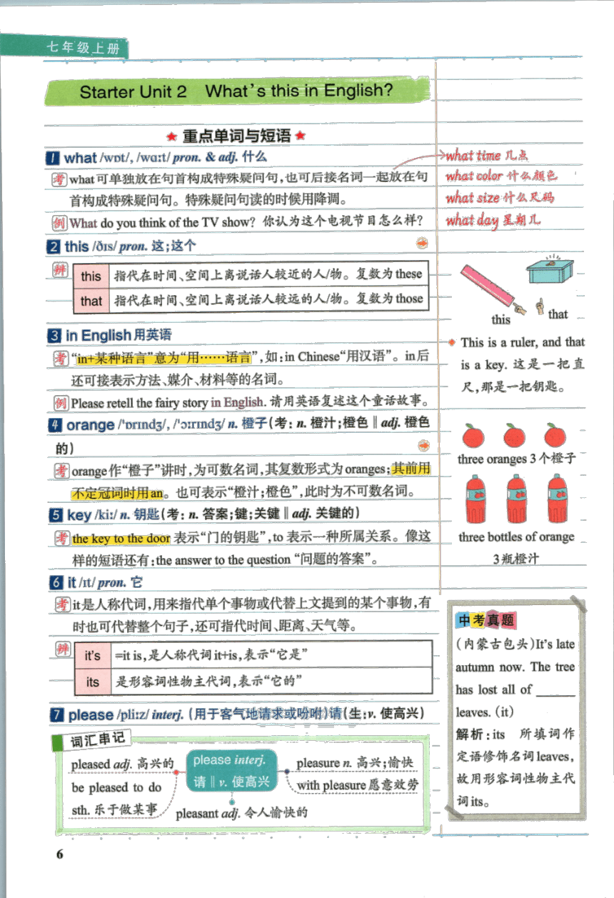 【学霸秘籍】七(上) Starter Unit 2 What's this in English-人教版英语-尖子生创优课堂笔记（pdf版）