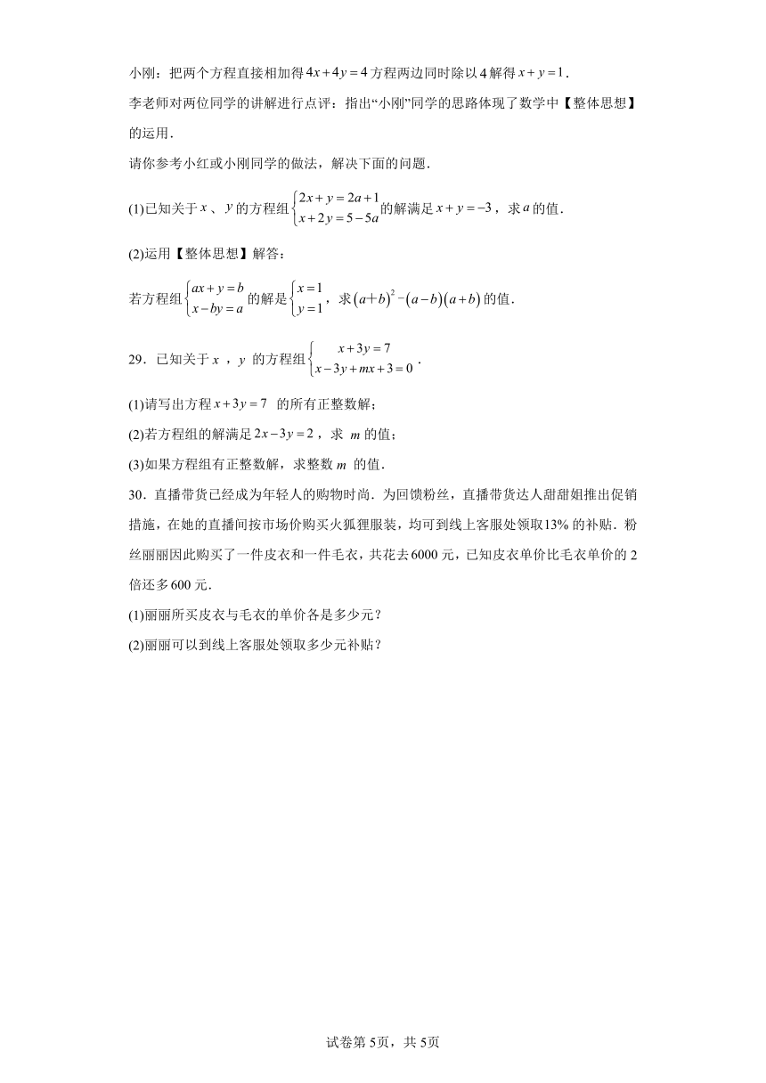 10.6二元一次方程组综合练习（单元测试基础） 苏科版七年级下册数学同步讲义（含解析）