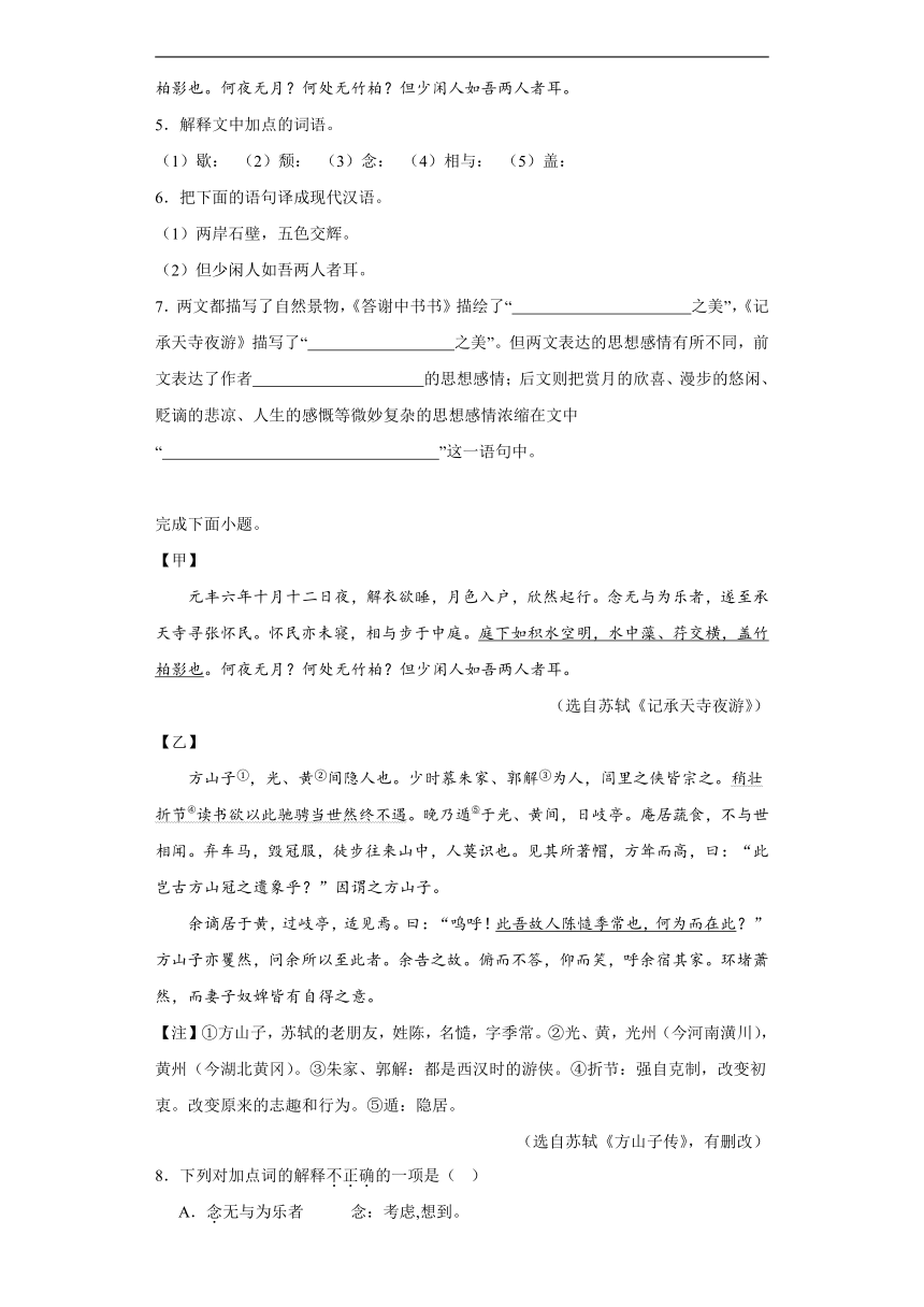 2024年九年级中考语文专题复习：《记承天寺夜游》对比阅读（含答案）