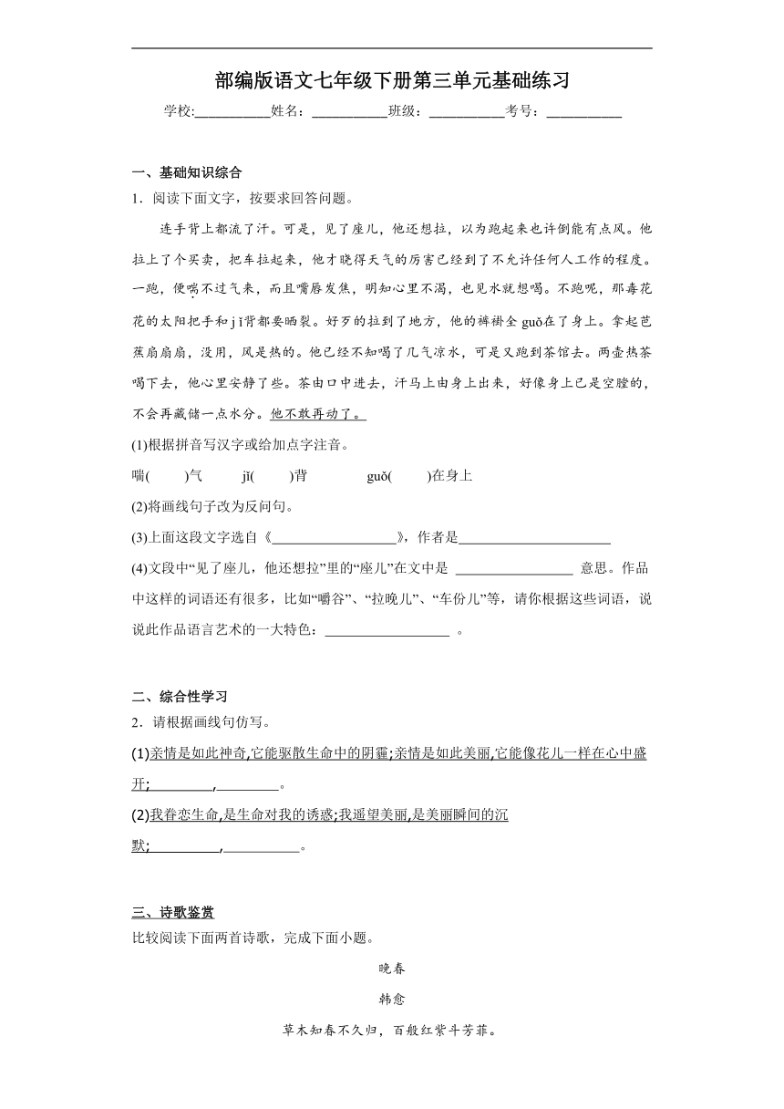 部编版语文七年级下册第三单元基础练习（含答案）