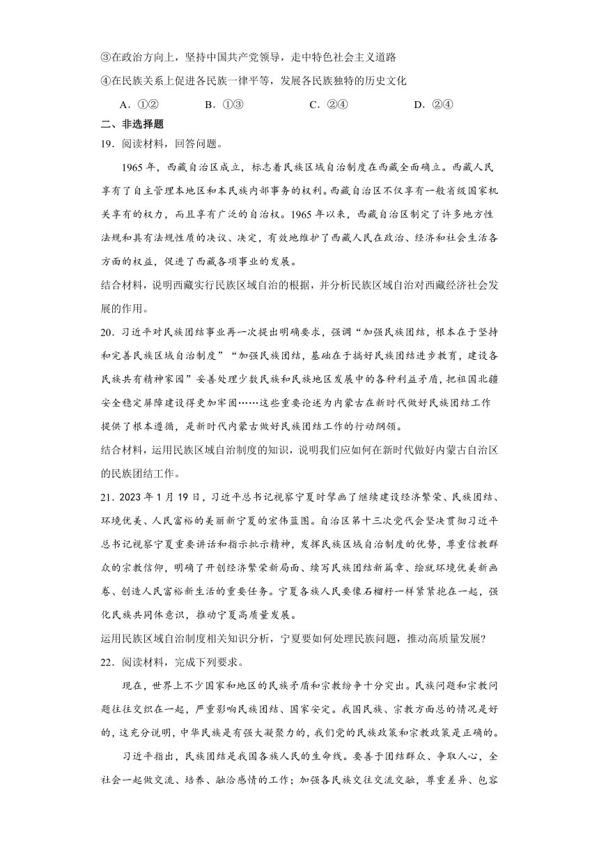 6.2民族区域自治制度 练习（含解析）-2023-2024学年高中政治统编版必修三