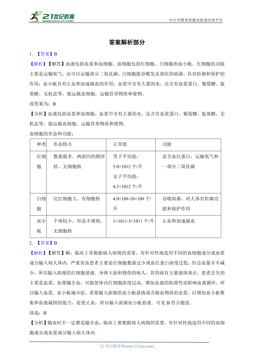 北师大版生物七年级下册一课一练4.9.1血液（含解析）