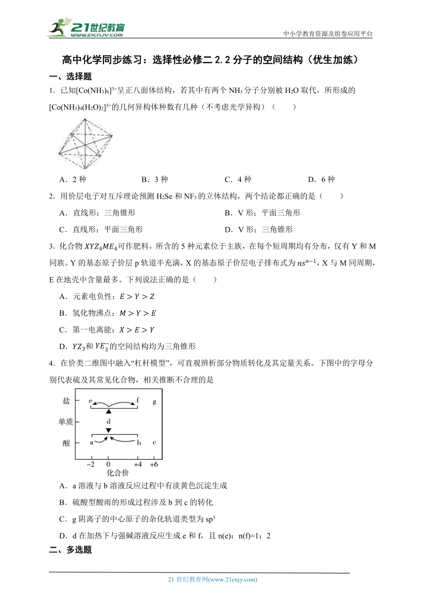 高中化学同步练习：选择性必修二2.2分子的空间结构（优生加练）