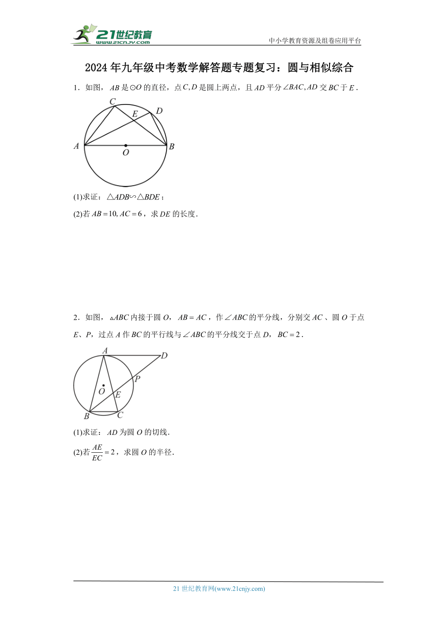 2024年九年级中考数学解答题专题复习：圆与相似综合（含解析）