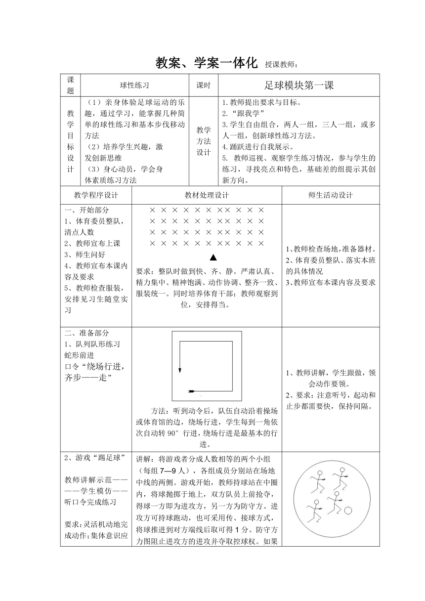 高中体育与健康 人教版 足球--球性练习教案（表格式）