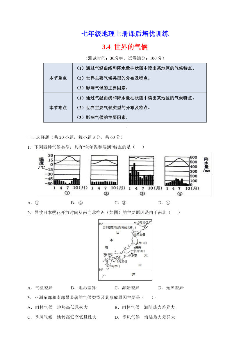 3.4 世界的气候 人教版七年级地理上册课后培优训练（含解析）