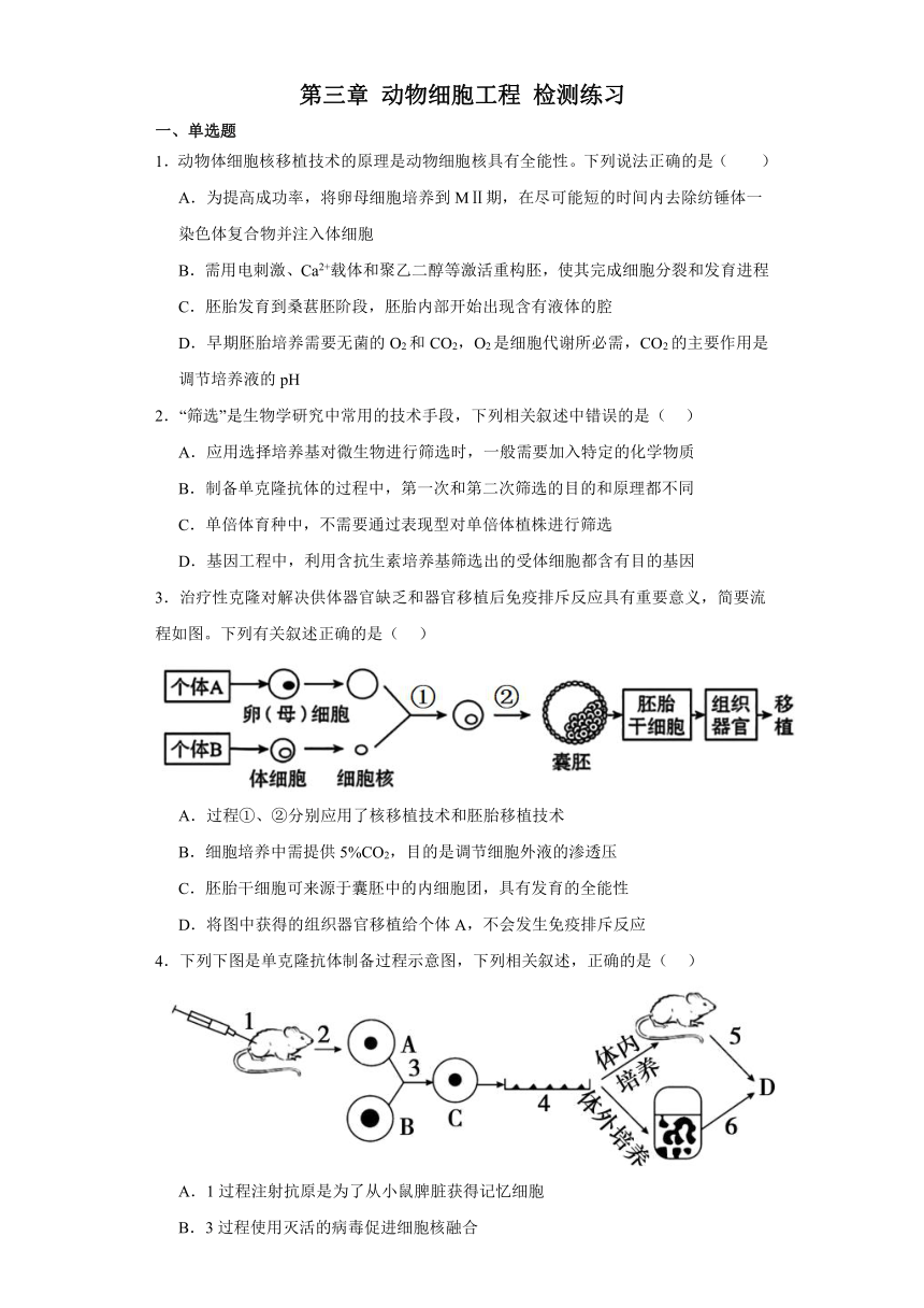 第三章 动物细胞工程 检测练习 2023-2024学年高中生物学浙科版（2019）选择性必修3（解析版）