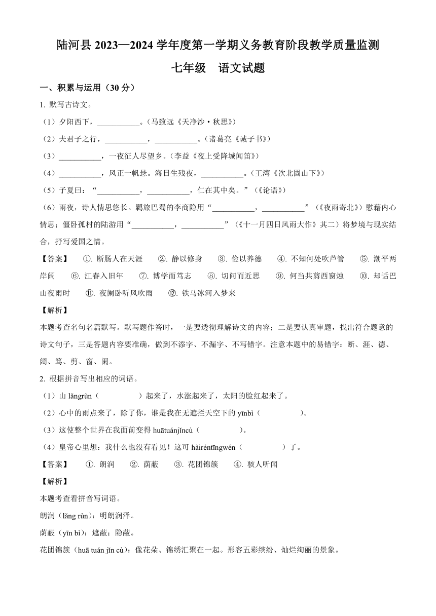 广东省汕尾市陆河县2023-2024学年七年级上学期期末语文试题（解析版）