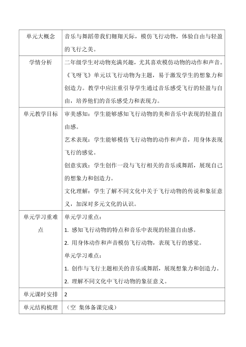 【新课标】人音版二年级下册第3单元 《飞呀飞》大单元教学设计+课时+二次备课