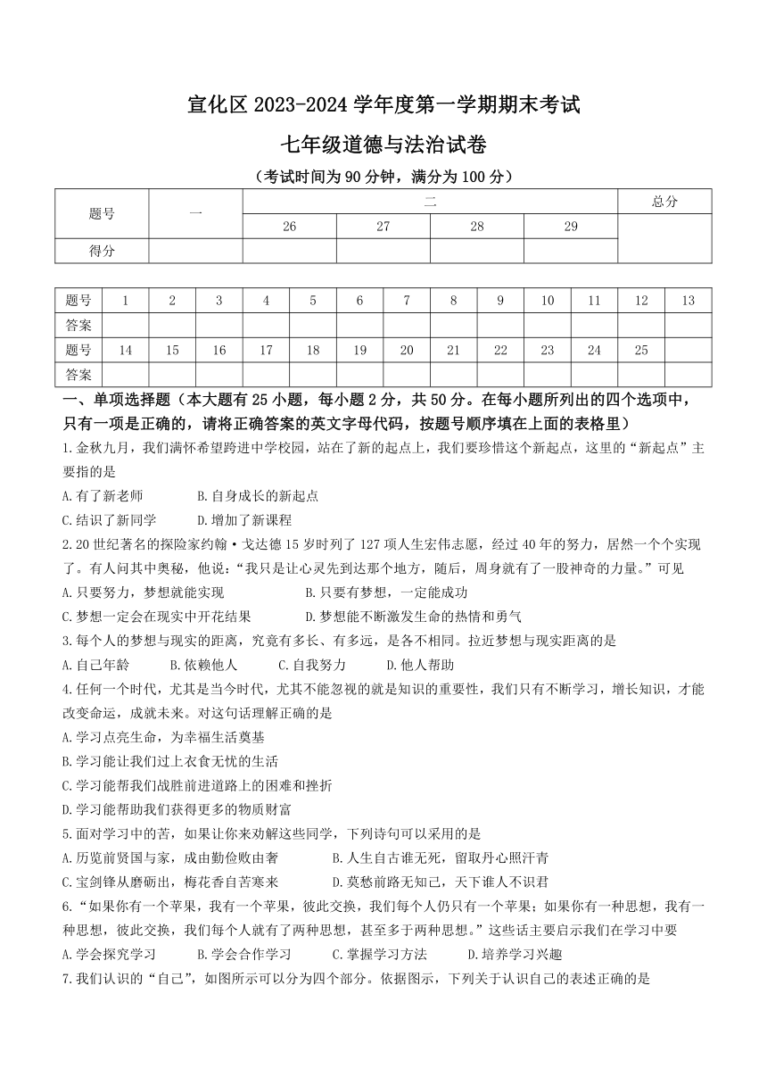 河北省张家口市宣化区2023-2024学年七年级上学期期末道德与法治试题（含答案）