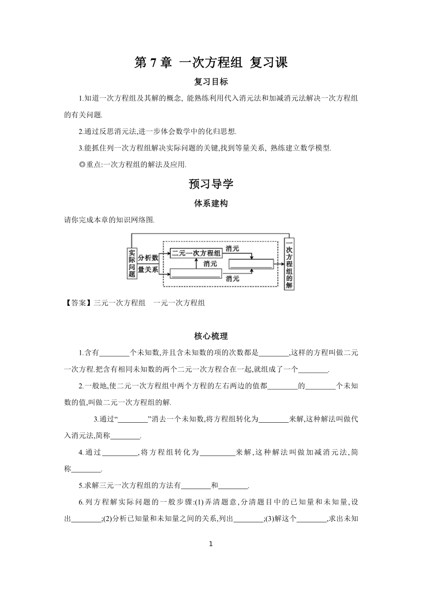 2023-2024学年初中数学华东师大版七年级下册第7章 一次方程组 复习课 学案（含答案）