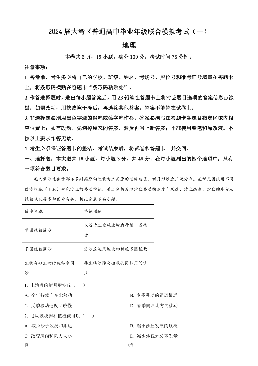 广东省惠州市大亚湾区2023-2024学年普通高中毕业班联合模拟考试（一）地理试题（解析版）