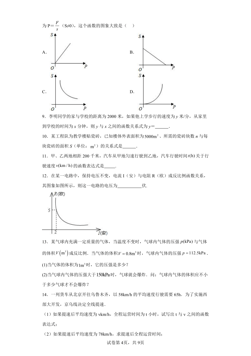 11.3用反比例函数解决问题 苏科版八年级数学下册同步讲义（含解析）