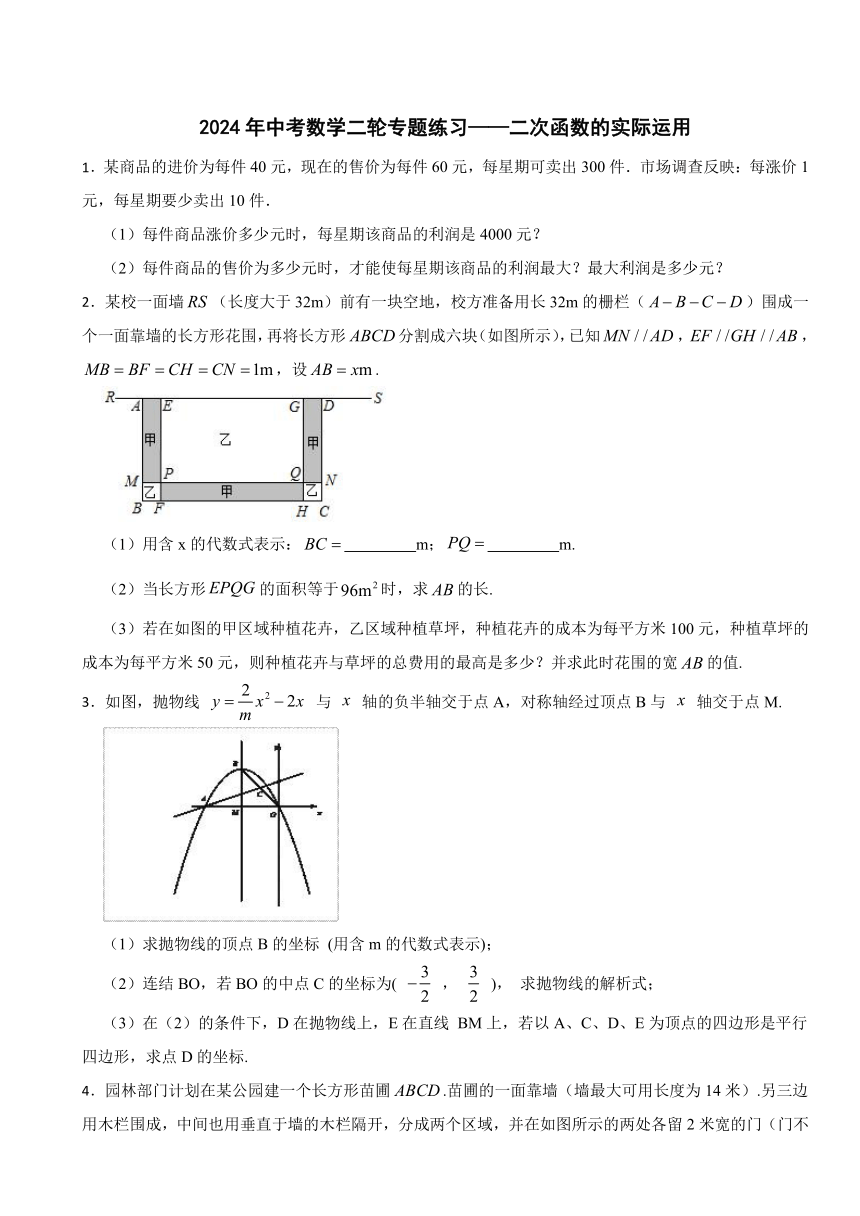 2024年中考数学二轮专题练习——二次函数的实际运用（含答案）