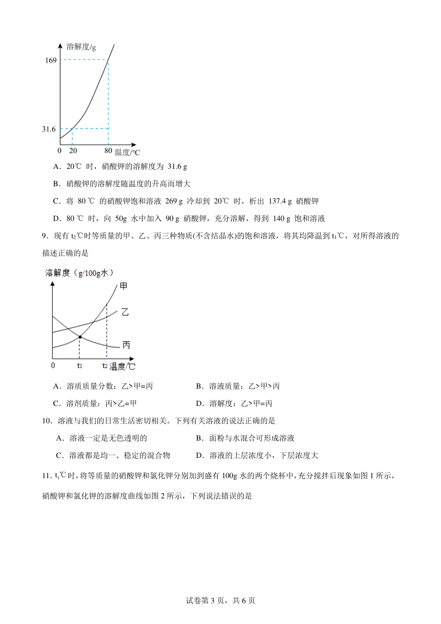 第九单元溶液单元训练题--2023-2024学年九年级化学人教版下册（含答案）